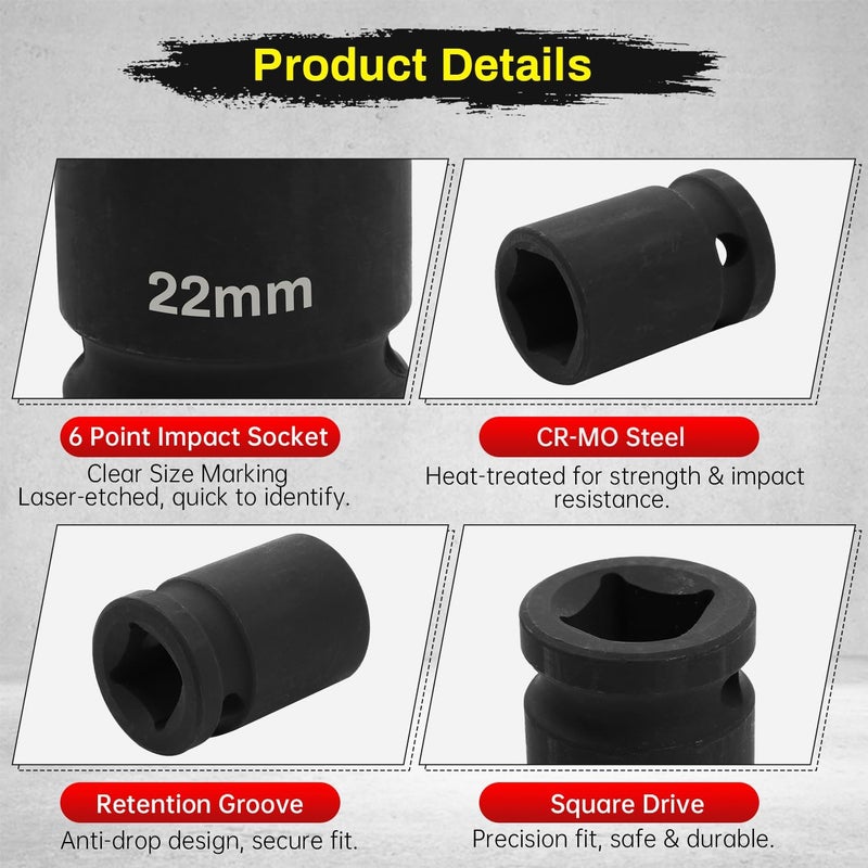 SUNKOO 1/2 Inch Drive 22mm Deep Impact Socket, CR-MO 6 Point Heavy Duty Metric Axle Nut Socket for Easy Removal of Axle and Wheel Hub Nuts - Image 3